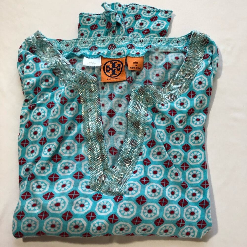 Tory Burch long-sleeve cotton v neck beaded top geometric medallion print L - Picture 9 of 9